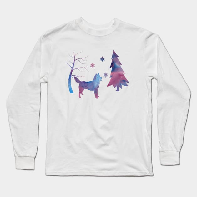 Husky Snowflakes Winter Art Long Sleeve T-Shirt by BittenByErmines